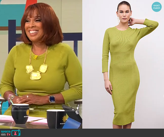 New York & Company Corset Waist Sweater Dress in Olive Pistachio worn by Gayle King on CBS Mornings
