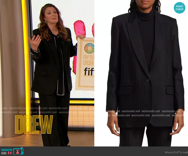 Nili Lotan Diane Single-Breasted Pinstriped Blazer and Pants worn by Drew Barrymore on The Drew Barrymore Show