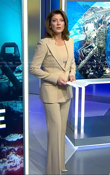 Norah beige blazer and pants on CBS Evening News