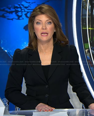 Norah’s black puff sleeve blazer on CBS Evening News