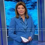 Norah’s blue satin shirt and peak lapel blazer on CBS Evening News