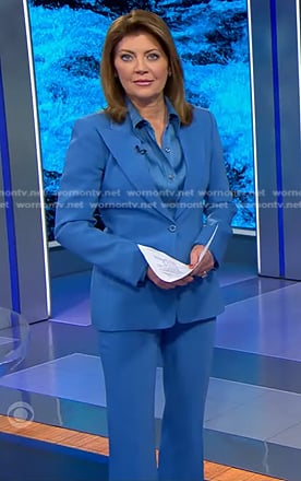 Norah's blue satin shirt and peak lapel blazer on CBS Evening News