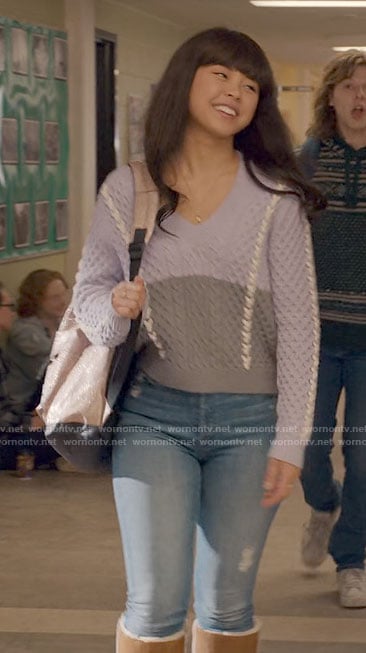 Norah's purple cable knit sweater on Ginny & Georgia