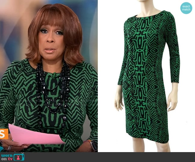 Oscar de la Renta Green and Black Tribal Print Sweater Dress worn by Gayle King on CBS Mornings