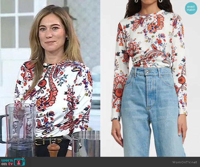 Paco Rabanne Ruched Floral Jersey Long-Sleeved Top worn by Mia Rigden on Today