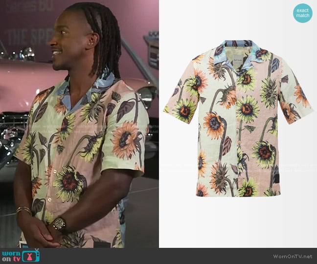 Paul Smith Sunflower-Print Linen-Blend Seersucker Shirt worn by Scott Evans on Access Hollywood