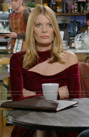 Phyllis’s red velvet dress with asymmetric cutout neckline on The Young and the Restless