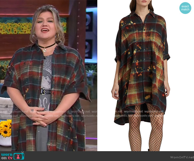 R13 Bleached Plaid Oversize Boxy Shirt Dress worn by Kelly Clarkson on The Kelly Clarkson Show