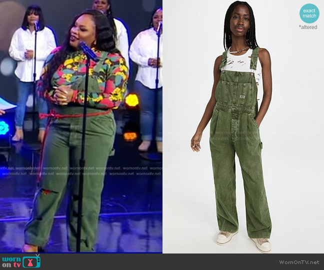 R13 Damon Pleated Wide Leg Denim Overalls worn by Tasha Cobbs Leonard on Good Morning America