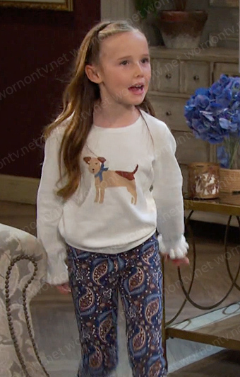 Rachel's dog print sweater and paisley pants on Days of our Lives
