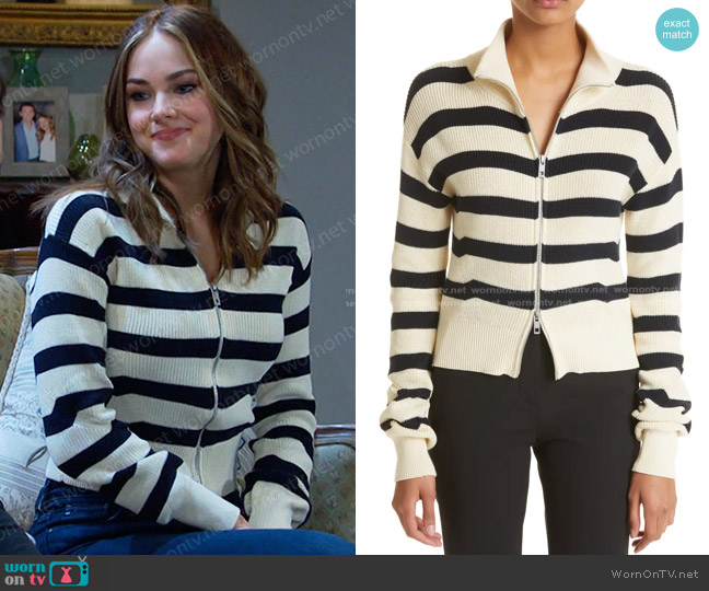 Rag & Bone Amy Stripe Cotton Zip Sweater worn by Stephanie Johnson (Abigail Klein) on Days of our Lives