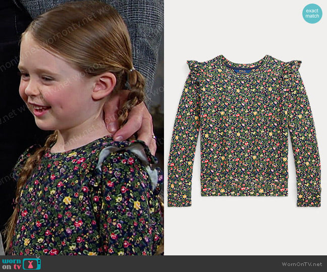 Ralph Lauren Floral Ruffled Fleece Sweatshirt worn by Charlotte DiMera (Oakley Rondou) on Days of our Lives