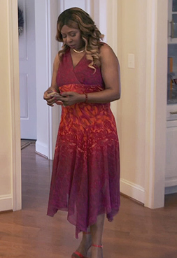 Ms Dorothy’s pink floral sleeveless dress on The Real Housewives of Potomac