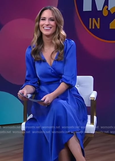Rhiannon Ally's blue satin wrap dress on Good Morning America