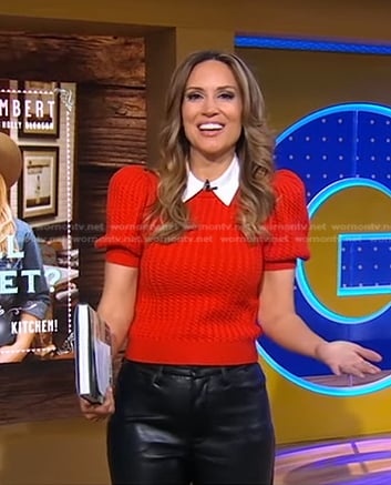 Rhiannon’s red puff sleeve sweater and black pants on Good Morning America