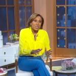 Robin’s yellow blouse and blue flared pants on Good Morning America