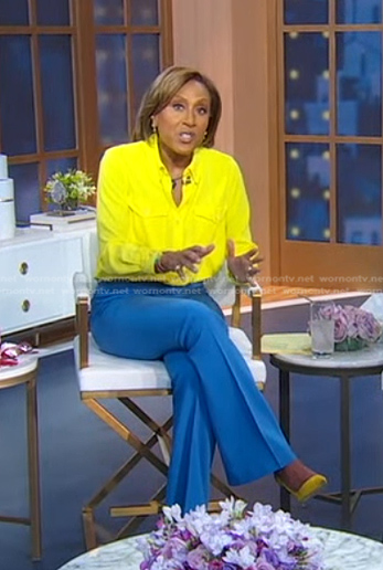 Robin's yellow blouse and blue flared pants on Good Morning America