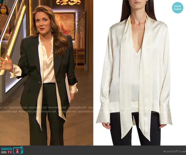 Rosetta Getty Pussy-Bow Silk Satin Shirt worn by Drew Barrymore on The Drew Barrymore Show