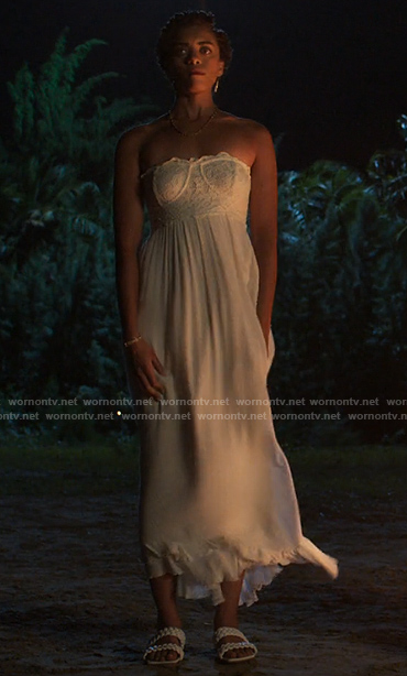 Ruby’s white lace bustier maxi dress on Fantasy Island