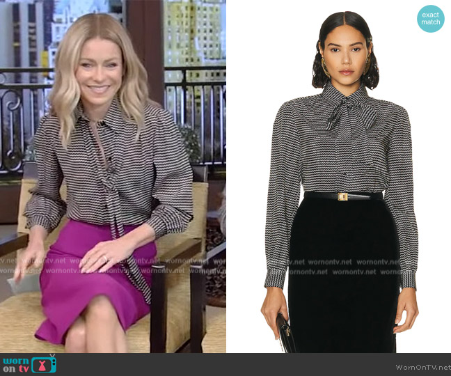 Saint Laurent Lavalliere Neck Blouse worn by Kelly Ripa on Live with Kelly and Ryan