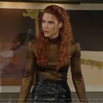 Sally’s bronze turtleneck top and leather skirt on The Young and the Restless