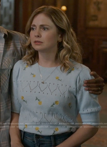 Sam's light blue flower embroidered sweater on Ghosts