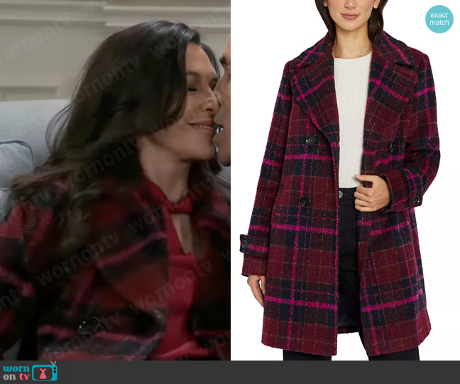 Sam Edelman Double-Breasted Plaid Coat in Curly Pink worn by Anna Devane (Finola Hughes) on General Hospital