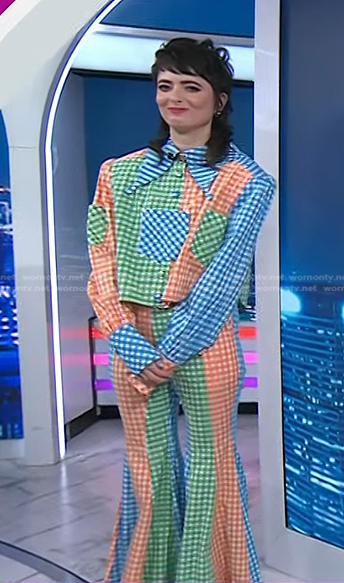 Sarah Sherman’s multicolor gingham check jacket and flare pants on Today