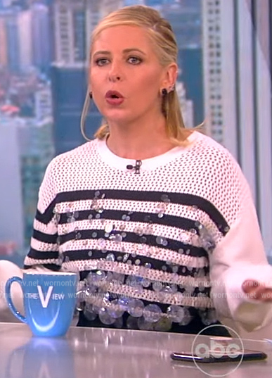 Sarah Michelle's white sequin stripe sweater on The View