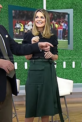 Savannah's black blouse and green satin wrap skirt on Today