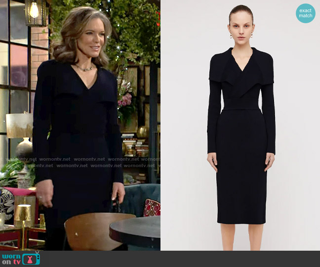 Scanlan Theodore Crepe Knit Drape Front Dress in Navy worn by Diane Jenkins (Susan Walters) on The Young and the Restless
