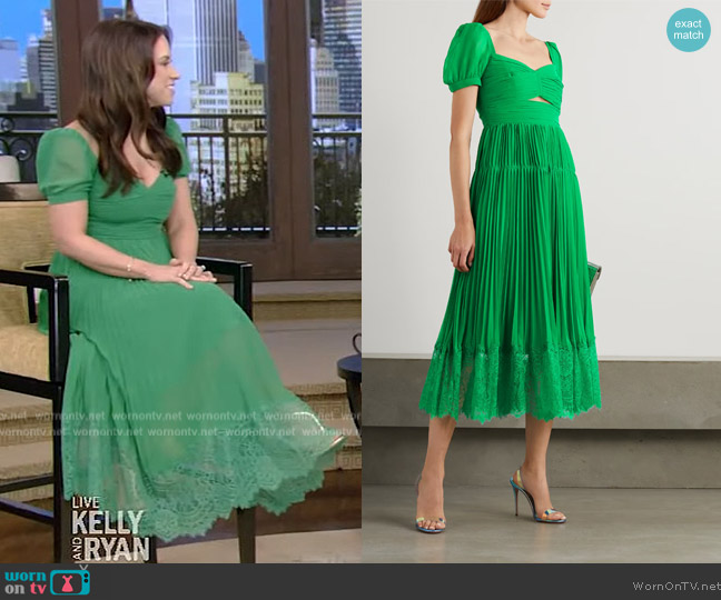 Self Portrait Corded lace-trimmed cutout pleated chiffon midi dress worn by Lacey Chabert on Live with Kelly and Ryan