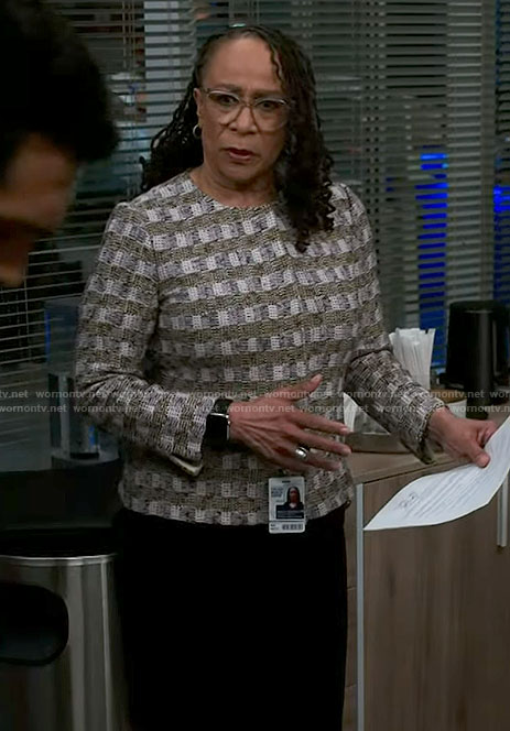 Sharon’s checked tweed jacket on Chicago Med