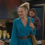 Sharon’s teal blue wrap dress on The Young and the Restless