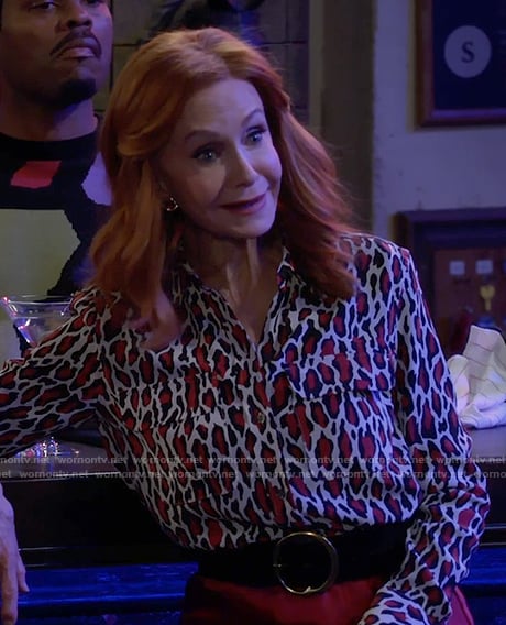 Sheila's red leopard print button down blouse on Call Me Kat