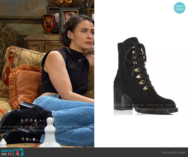 Stuart Weitzman Lace-Up Suede Boots worn by Sarah Horton (Linsey Godfrey) on Days of our Lives