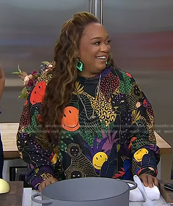 Sunny Anderson’s black smiley face print sweatshirt on Today