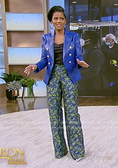Tamron’s blue leather blazer and floral pants on Tamron Hall Show