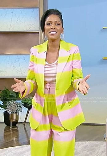 Tamron's pink and yellow striped blazer and pants on Tamron Hall Show