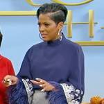 Tamron’s blue embroidered fringe trim top on Tamron Hall Show