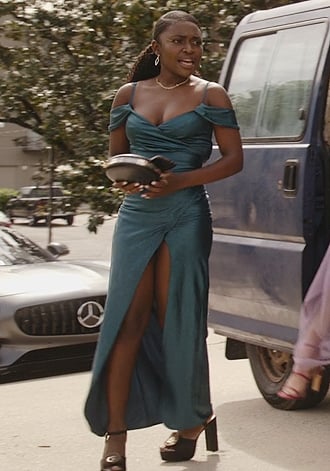 Tasha's green metallic cold shoulder dress on National Treasure: Edge of History