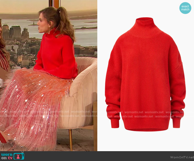 Brandon Maxwell The Dakota Sweater in Flame Orange worn by Allison Williams on The Drew Barrymore Show