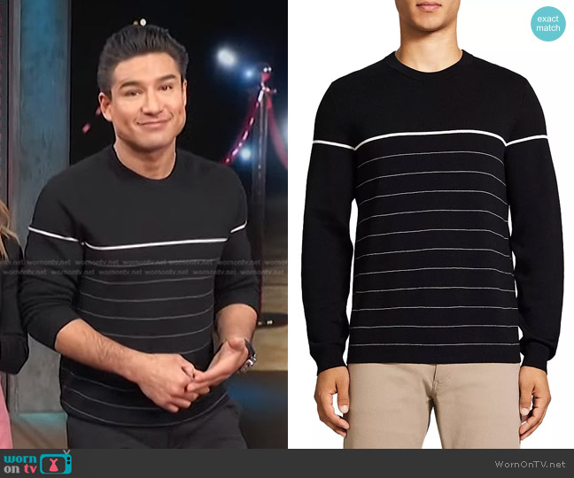 Theory Arnaud Striped Slim Fit Crewneck Sweater worn by Mario Lopez on Access Hollywood