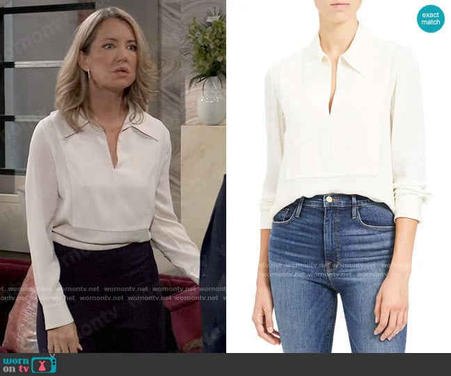 Theory Popover Classic Silk Blouse worn by Nina Reeves (Cynthia Watros) on General Hospital