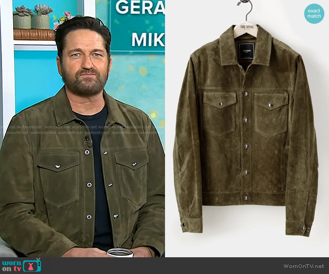 Todd Snyder Italian Suede Snap Dylan Jacket in Olive worn by Gerard Butler on Good Morning America