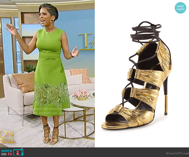 Tom Ford Metallic Laminated Eel Lace-Up Sandal, Gold worn by Tamron Hall on Tamron Hall Show