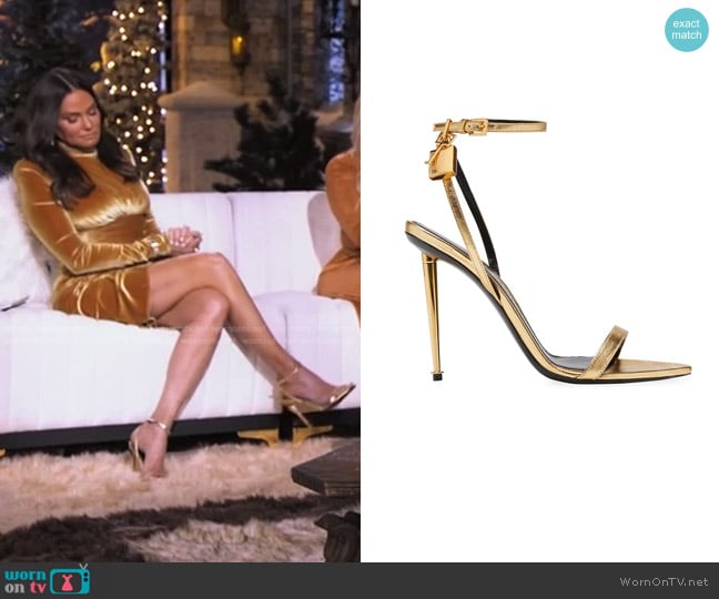 Tom Ford Naked 105 Metallic Leather Point-Toe Ankle-Strap Sandals worn by Meredith Marks on The Real Housewives of Salt Lake City