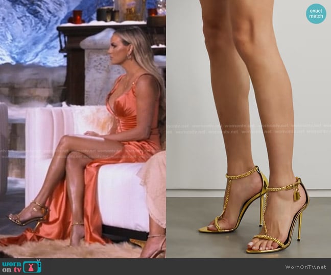 Tom Ford Padlock Chain embellished metallic leather sandals worn by Whitney Rose on The Real Housewives of Salt Lake City