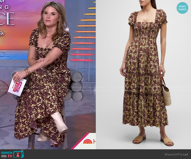 Tory Burch Puff-Sleeve Smocked-Bodice Tiered Midi Dress worn by Jenna Bush Hager on Today