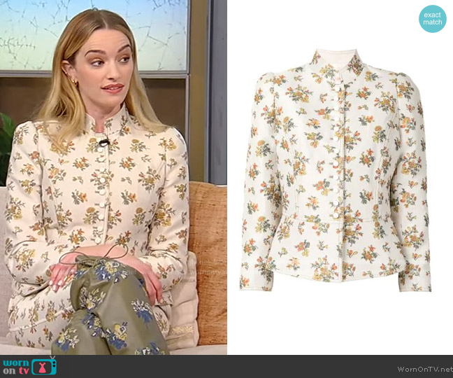 Tory Burch Floral Jacquard Jacket worn by Brianne Howey on Tamron Hall Show